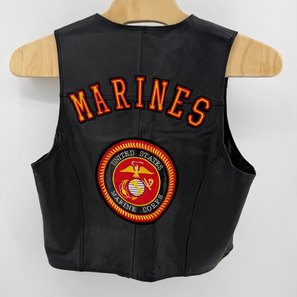 USA Leather‎ Mens US Marines Biker Vest Black Genuine Leather Large USMC Patch